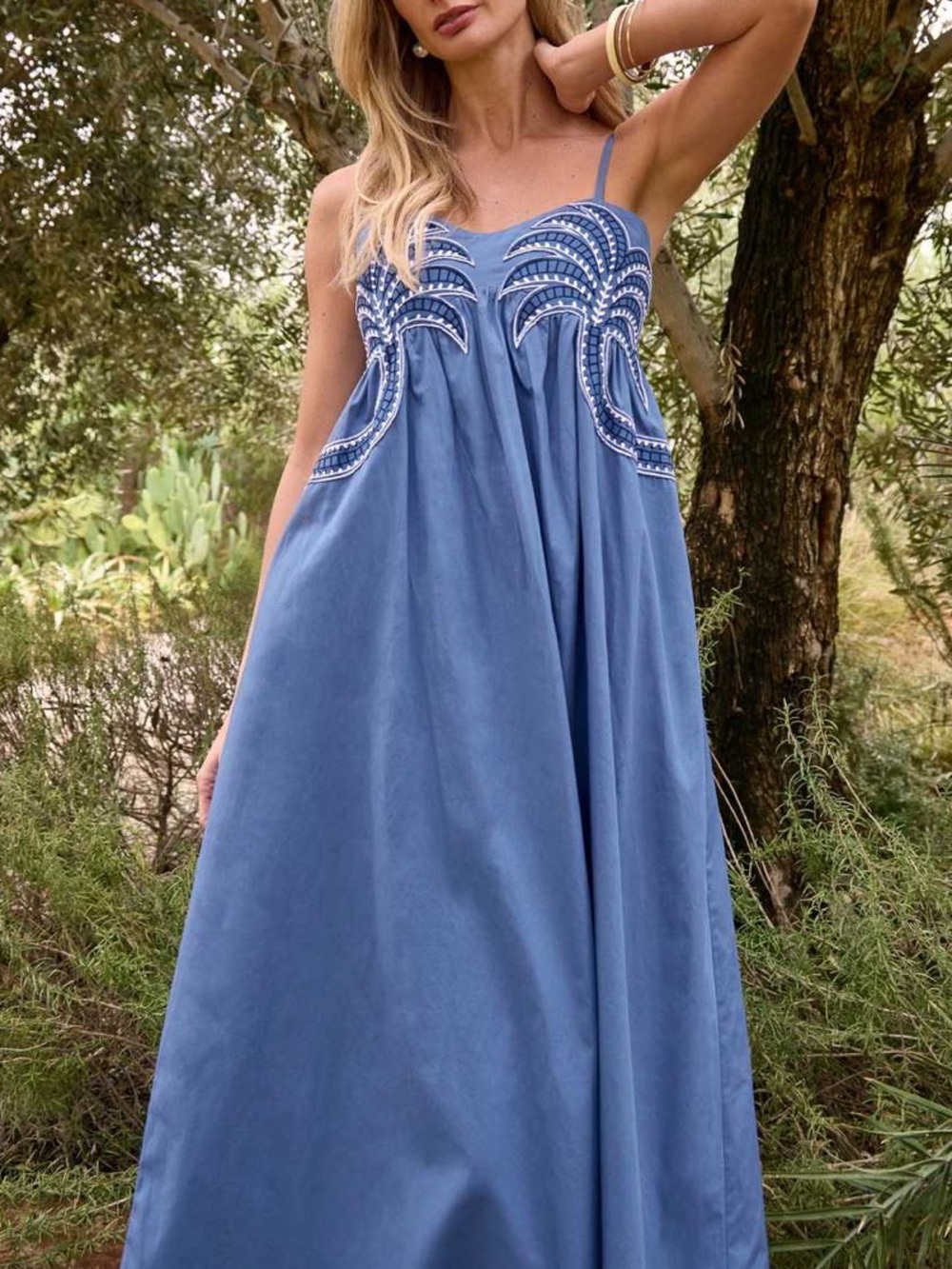 SIM & SAM Blue Maxi Dress Embroidered Palm Trees Cotton Pockets Adjustable Strap